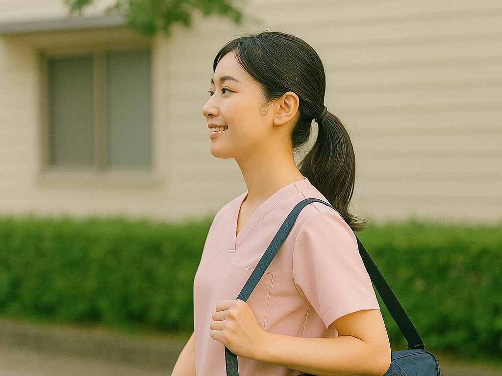 訪問バッグを持ち移動中の看護師(リアル風・自然光)