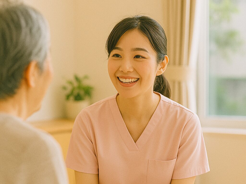 訪問中の利用者と笑顔で話す看護師(リアル風・室内)
