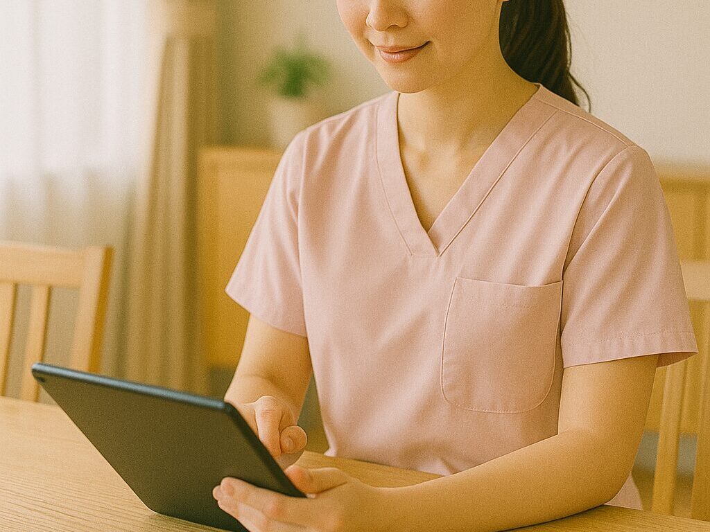 自宅で記録を入力する訪問看護師(リアル風・タブレット使用)