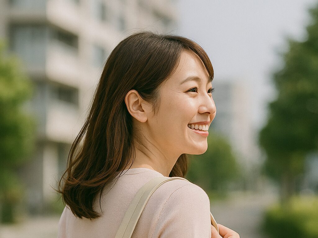 新しい職場に向かう看護師の後ろ姿(私服・明るめ)