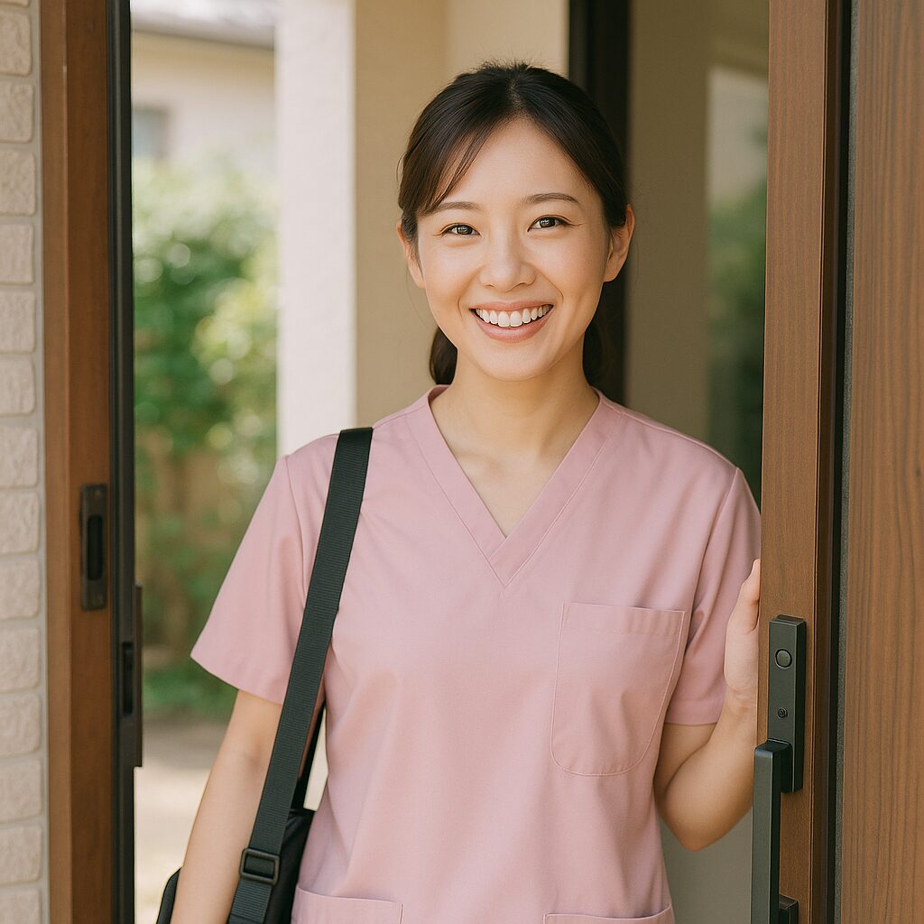 利用者宅の玄関で笑顔の看護師（リアル風・自然光）