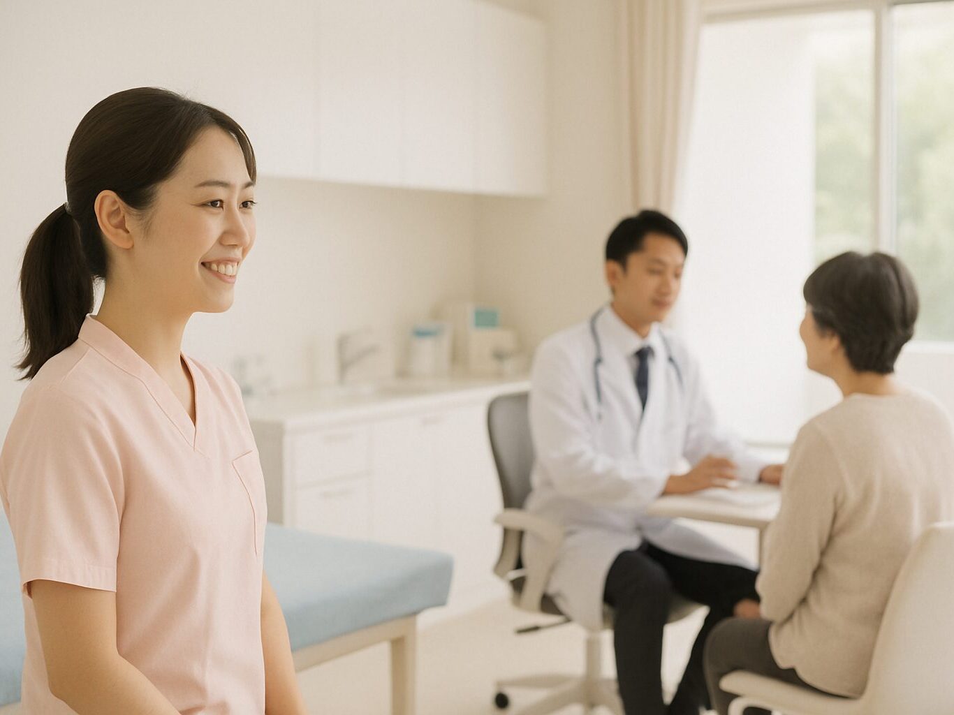 診療中のクリニック看護師と医師(リアル風・白基調・遠め)