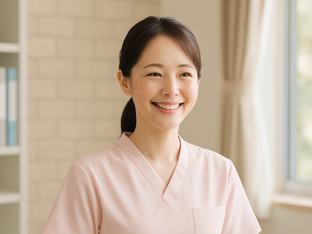 画像②:受付カウンター越しに笑顔の看護師(リアル風・暖色)