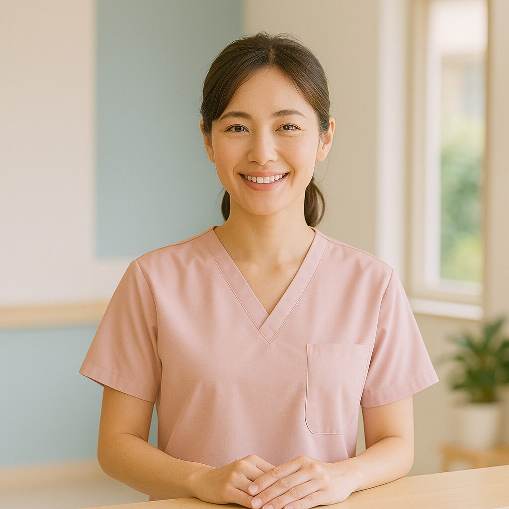 穏やかな笑顔で受付に立つ看護師（リアル風・自然光）