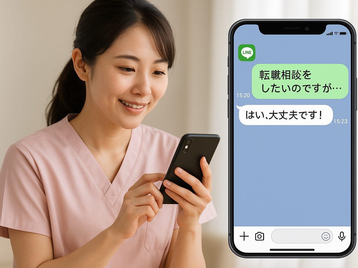!-- 画像②：LINEで相談する看護師とスマホ画面（リアル風）
