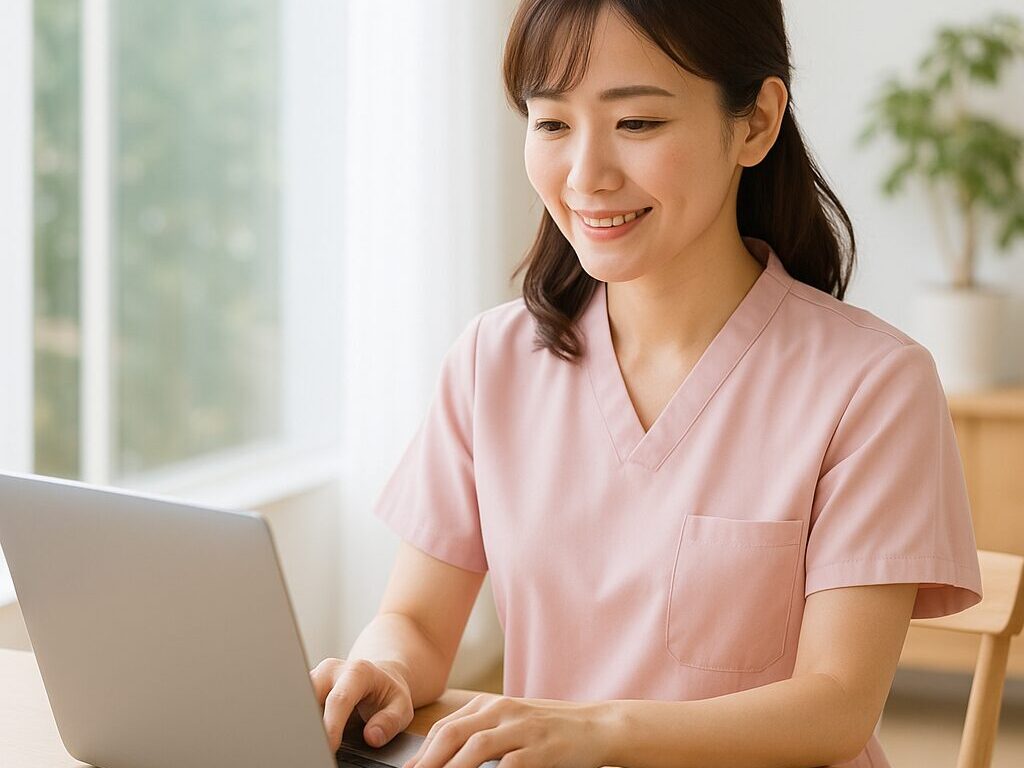 <!-- 画像③：看護師がパソコンで転職サイトを比較している様子（リアル風） 