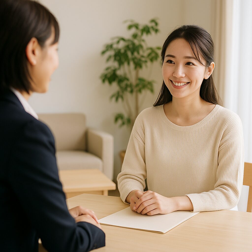 相談カウンターで微笑む看護師とエージェント(リアル風・自然光