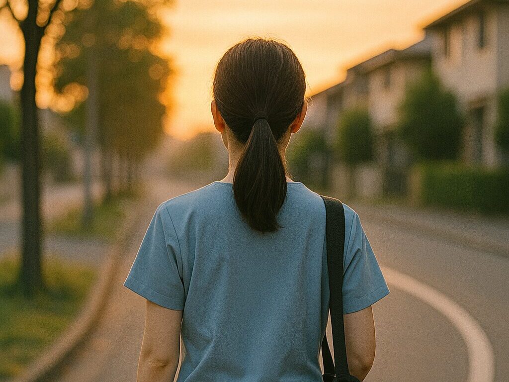✅ アイキャッチ:夕暮れの帰り道を歩く看護師の後ろ姿(リアル風・静かな雰囲気)