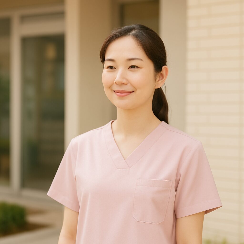 アイキャッチ:施設前で穏やかな表情の看護師(リアル風・自然光・柔らかい色味)