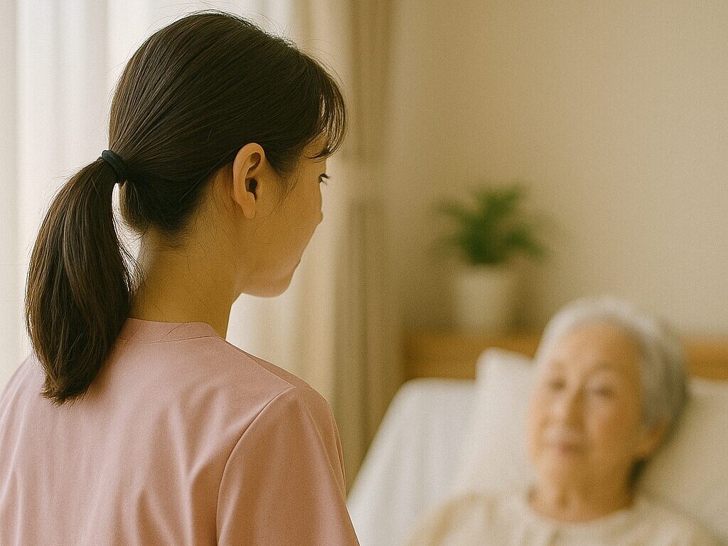 画像③:看取りに立ち会う看護師の後ろ姿(リアル風・感情的になりすぎない)