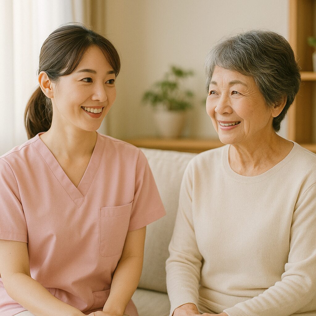 画像②:利用者と穏やかに話す様子(リアル風・室内)