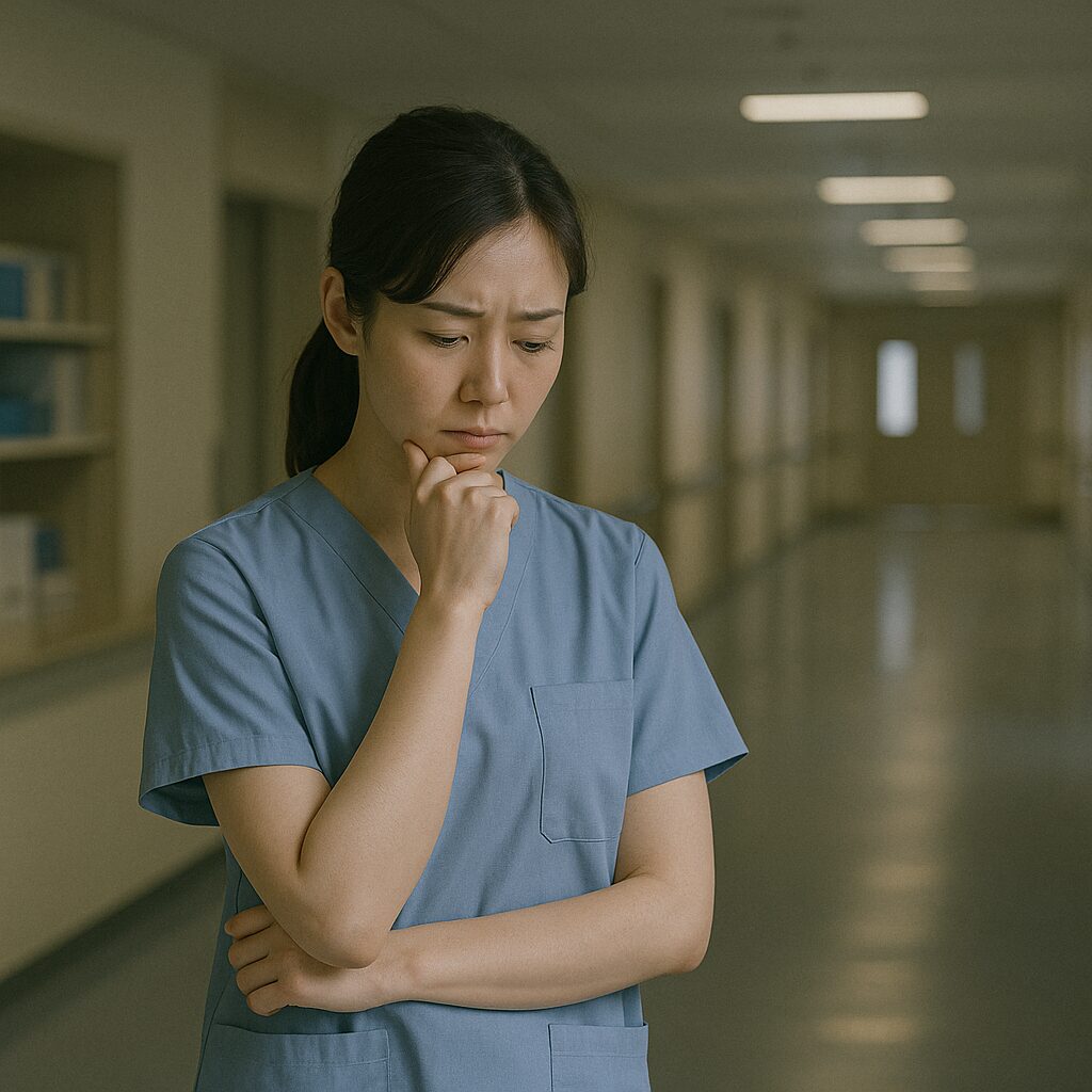 画像①:病棟で思い悩む看護師(リアル風・自然光・やや暗めトーン)