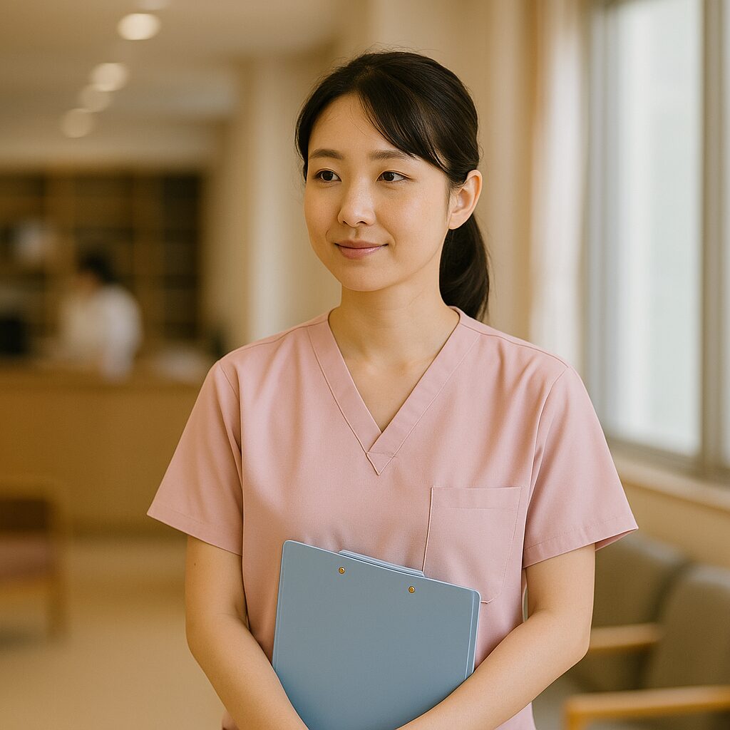 画像②:転職後、穏やかな表情で働く看護師(リアル風・室内)