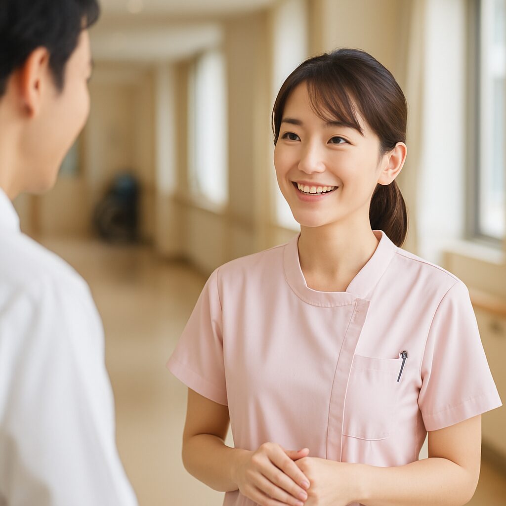- 画像③:職場見学で安心して話を聞く看護師(リアル風・明るい表情)