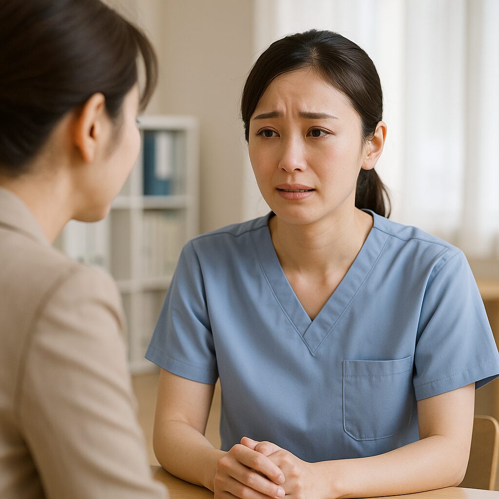 画像②:相談支援窓口で話を聞いてもらう看護師(リアル風・やや涙目)