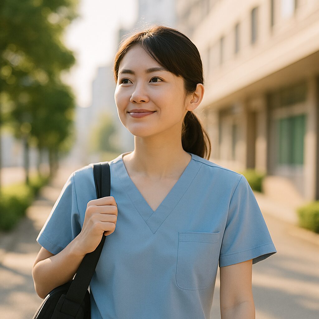 画像③:前向きな表情で新しい職場へ向かう看護師(リアル風・朝の光