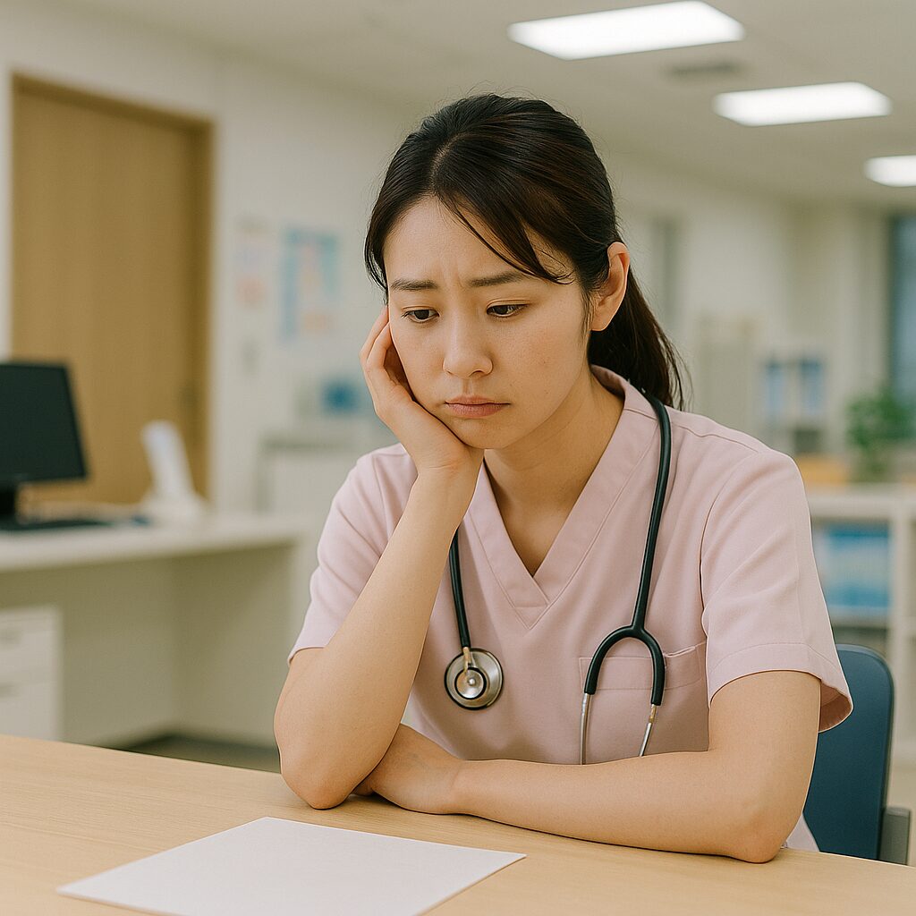 画像①:表情が暗く悩む看護師(リアル風・ナースステーション)